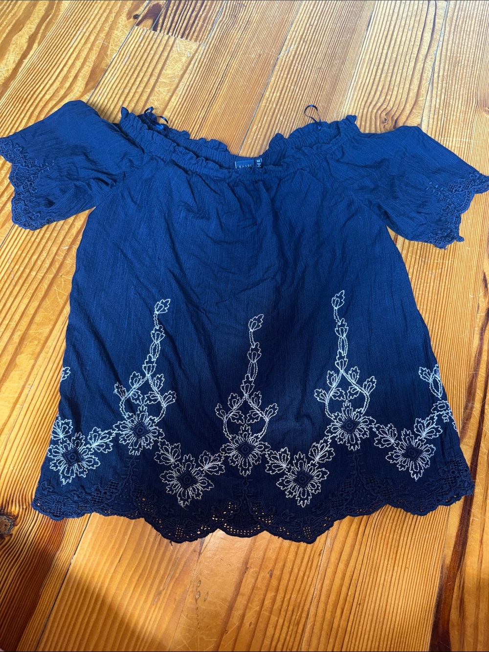 Kaari Blue Navy Off-Shoulder Embroidered Top